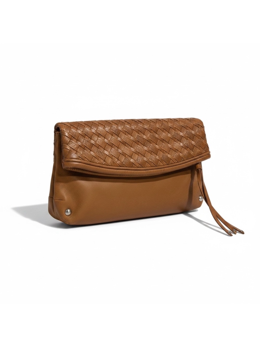 CETTU Italy 100% Genuine Leather Fold Over Woven Accent Zip Clutch Tan